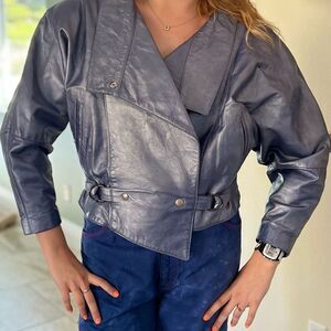 Vintage 80s Nora Ritti Oversized Blue Leather Jacket Belted Cropped Moto Style M